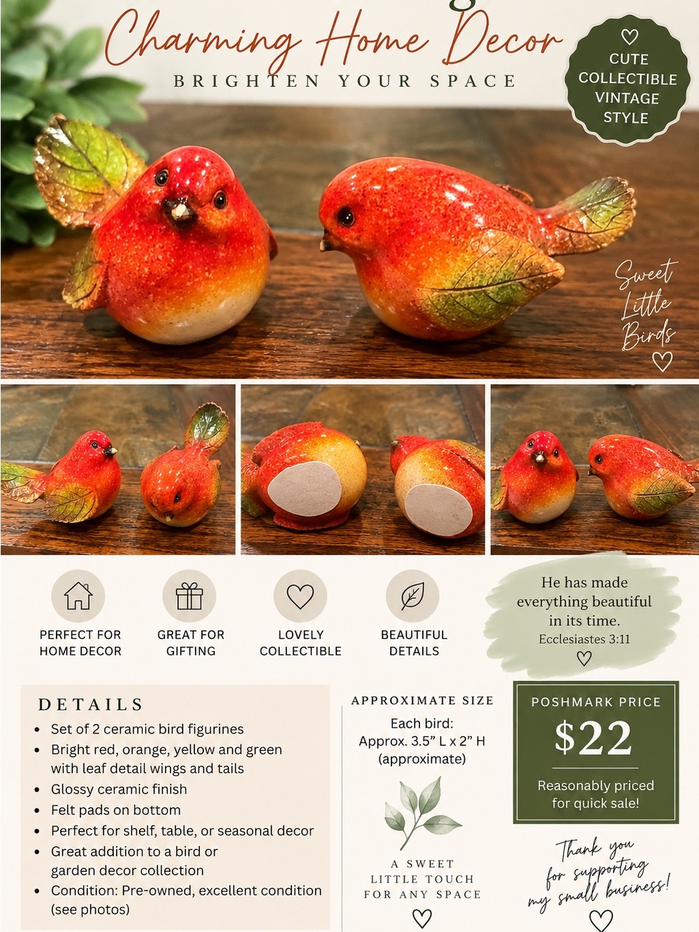 Charming Pair of Red-Orange Ceramic Bird Figurines by